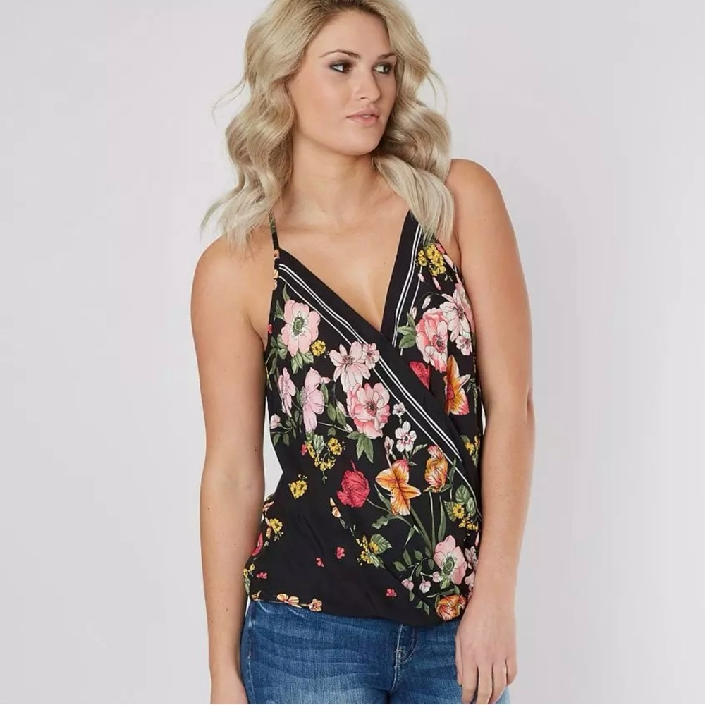 Buckle Daytrip SMALL Floral Surplice Tank Top Black Pink Blouse New With Tags